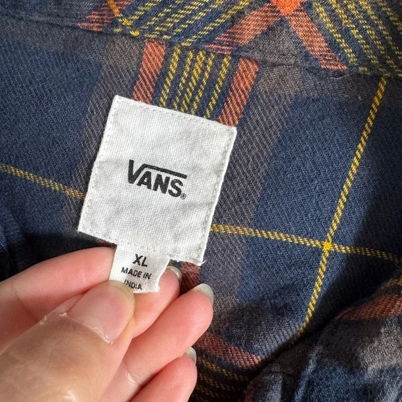 Vans Flannel Shirt Womens XL Navy Blue Orange Plaid Cropped Long Sleeve - Picture 2 of 8